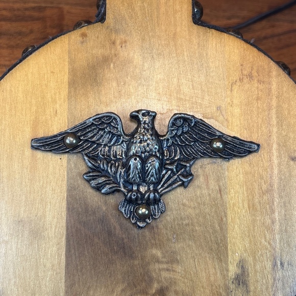 Vintage LEATHER & Wood BELLOW Fireplace Blower Fan Metal EAGLE emblem 14” Long - Picture 4 of 8